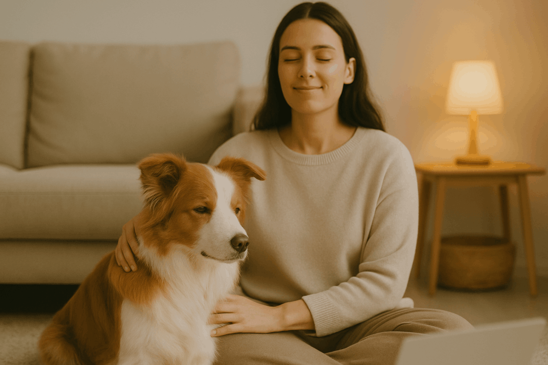 Woman and dog settling together before a session
