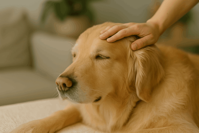 Golden retriever receiving calm, supportive hands-on care