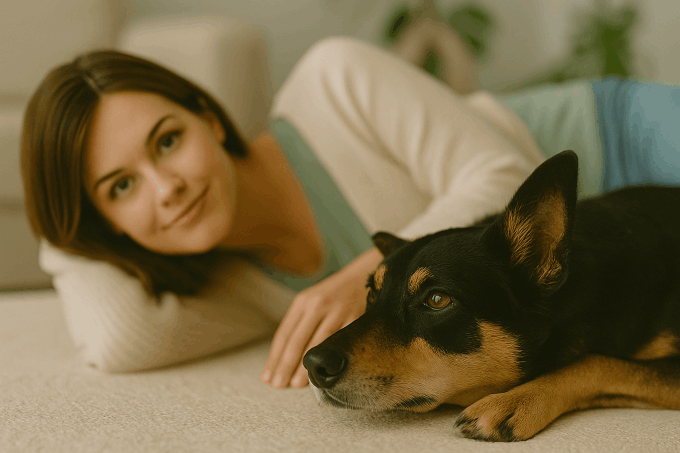 Human and dog sharing a calm, connected session
