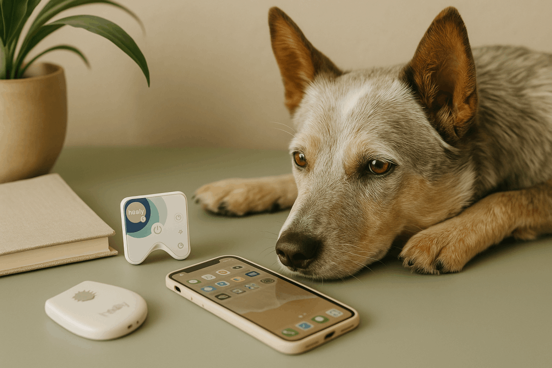 Healy device and mobile phone on a desk with a relaxed dog nearby